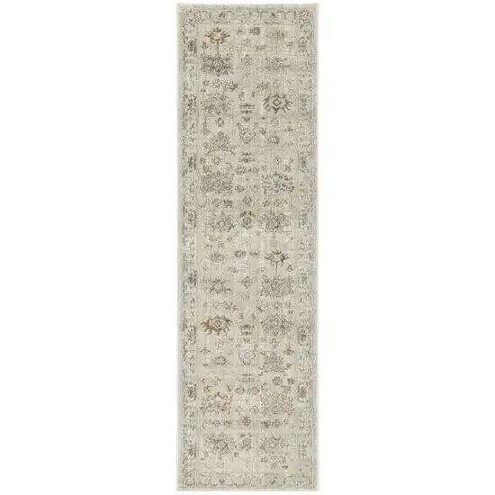 8' Beige and Brown Oriental Power Loom Distressed Runner Rug With Fringe Photo 2