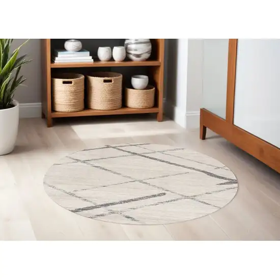 5' Beige and Gray Abstract Distressed Round Rug Photo 2