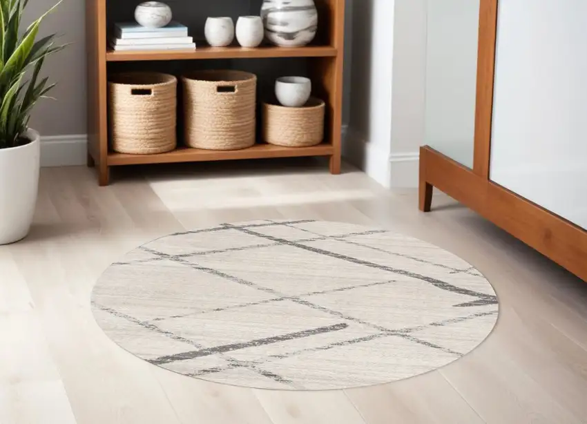 5' Beige and Gray Abstract Distressed Round Rug Photo 2