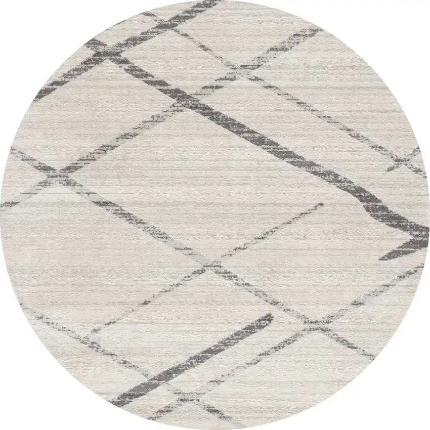 5' Beige and Gray Abstract Distressed Round Rug Photo 2