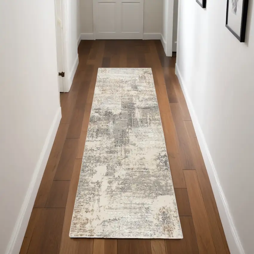 8' Beige and Gray Abstract Non Skid Runner Rug Photo 1