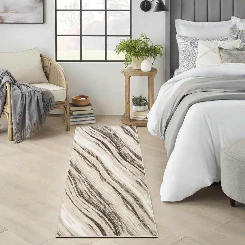 8' Beige and Gray Abstract Non Skid Runner Rug Photo 8