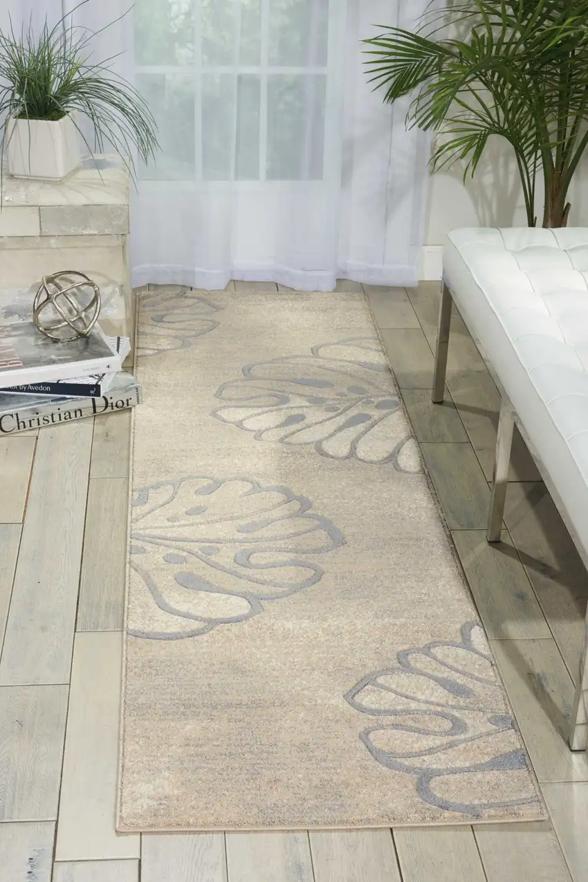 8' Beige and Gray Floral Non Skid Runner Rug Photo 3