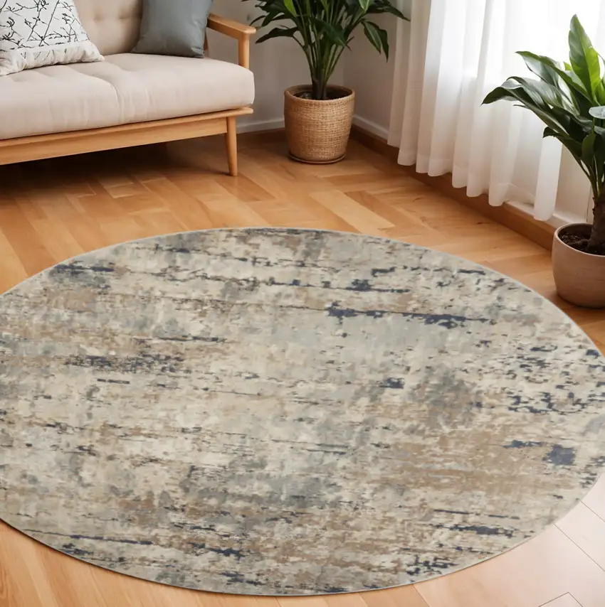 10' Beige and Gray Round Abstract Power Loom Area Rug Photo 1