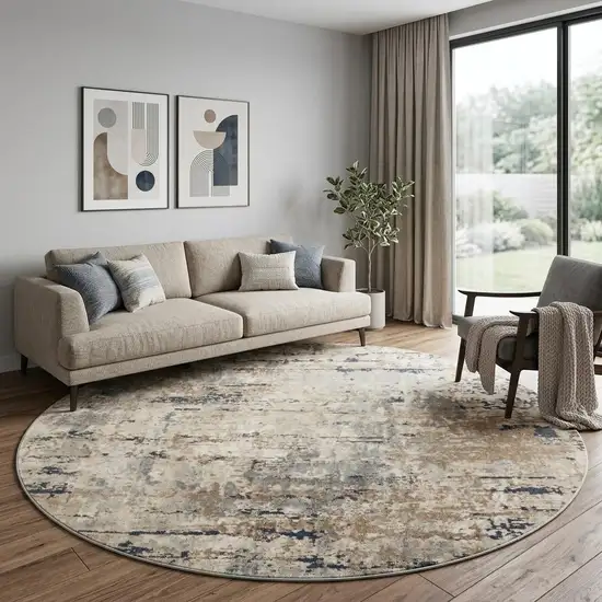10' Beige and Gray Round Abstract Power Loom Area Rug Photo 1