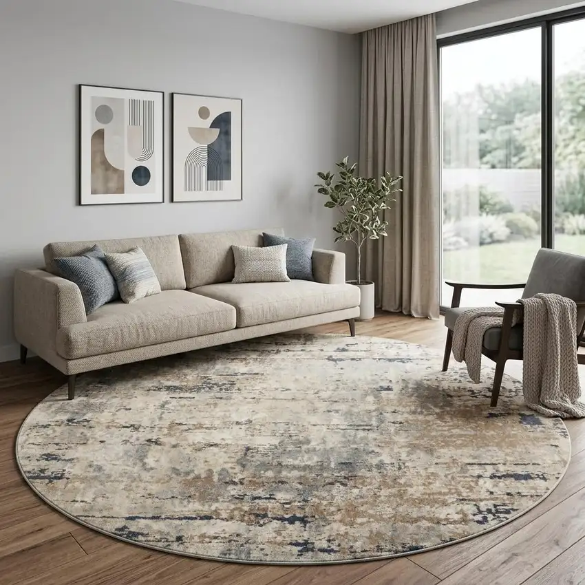 10' Beige and Gray Round Abstract Power Loom Area Rug Photo 1