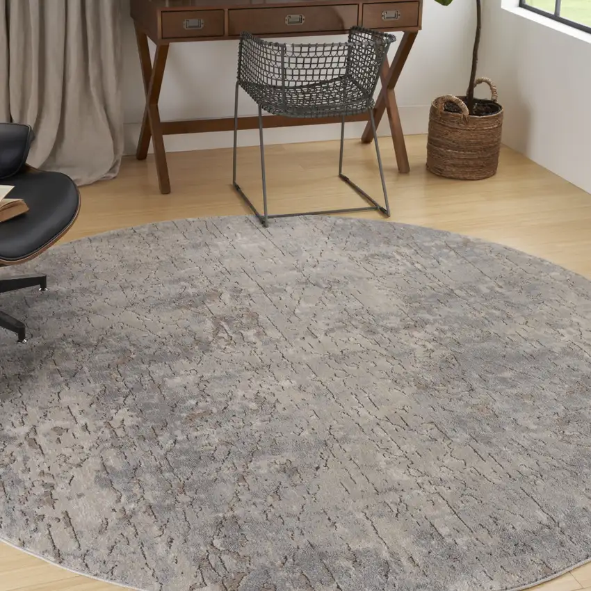 8' Beige and Gray Round Abstract Power Loom Area Rug Photo 5