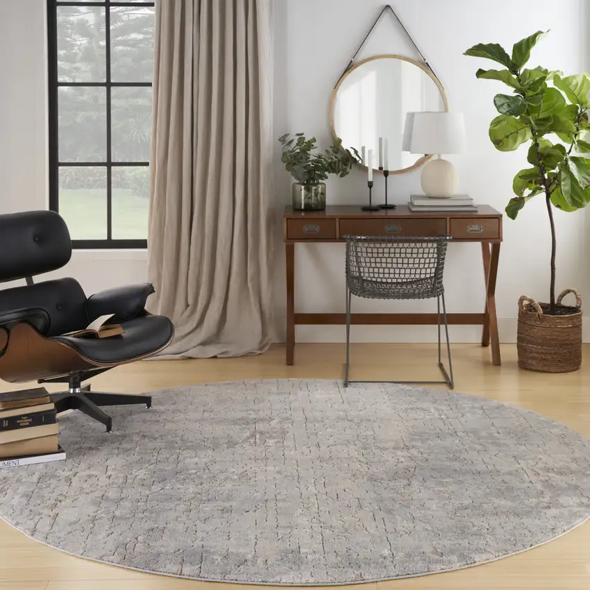 8' Beige and Gray Round Abstract Power Loom Area Rug Photo 6
