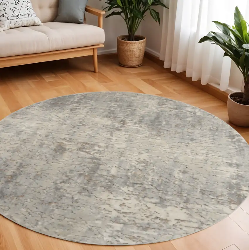8' Beige and Gray Round Abstract Power Loom Area Rug Photo 1