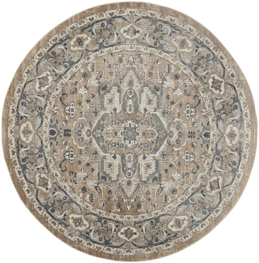 10' Beige and Gray Round Medallion Power Loom Distressed Area Rug Photo 2