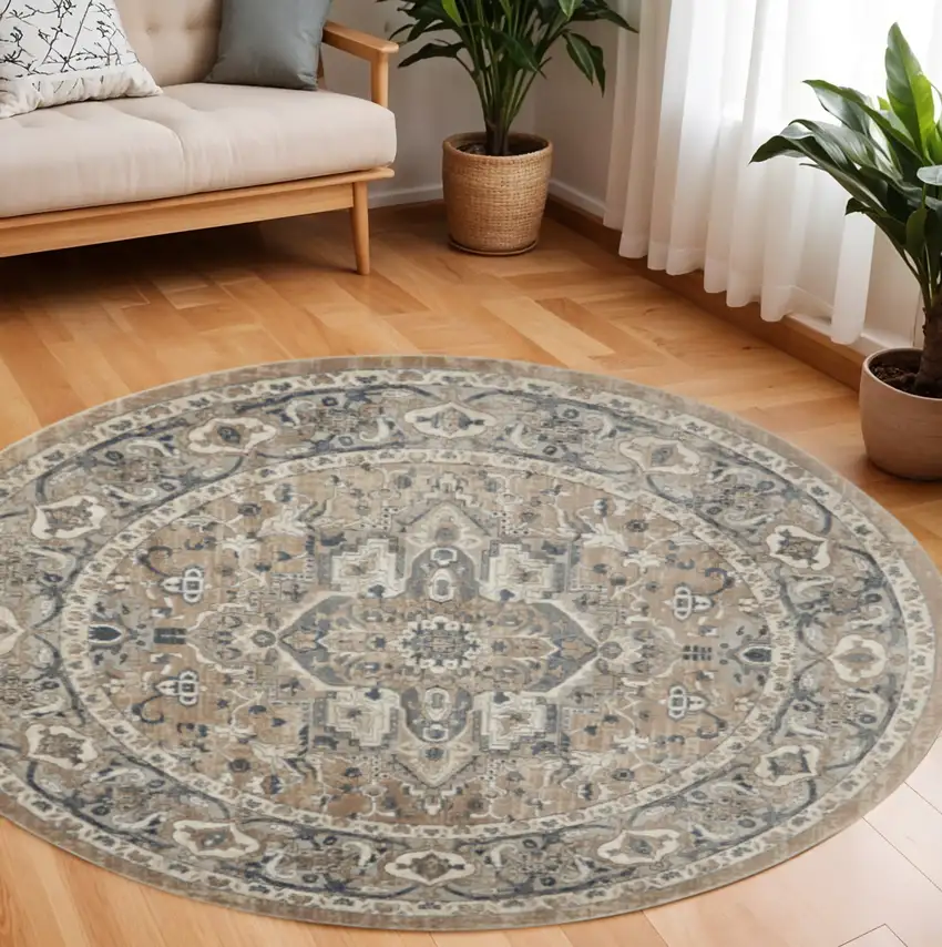 10' Beige and Gray Round Medallion Power Loom Distressed Area Rug Photo 1
