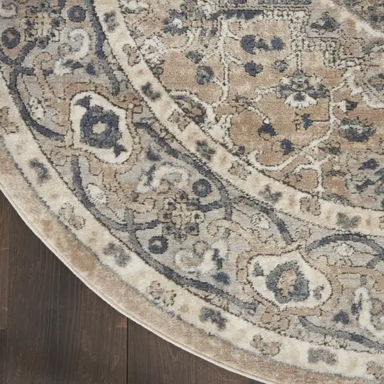 10' Beige and Gray Round Medallion Power Loom Distressed Area Rug Photo 9