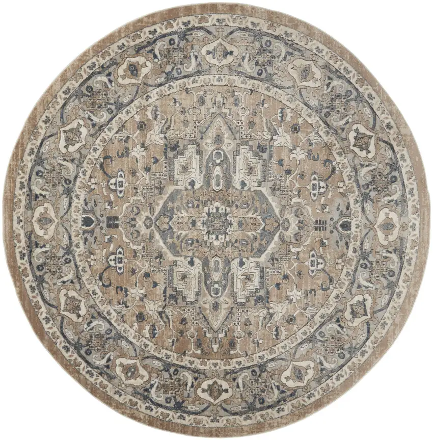 10' Beige and Gray Round Medallion Power Loom Distressed Area Rug Photo 7