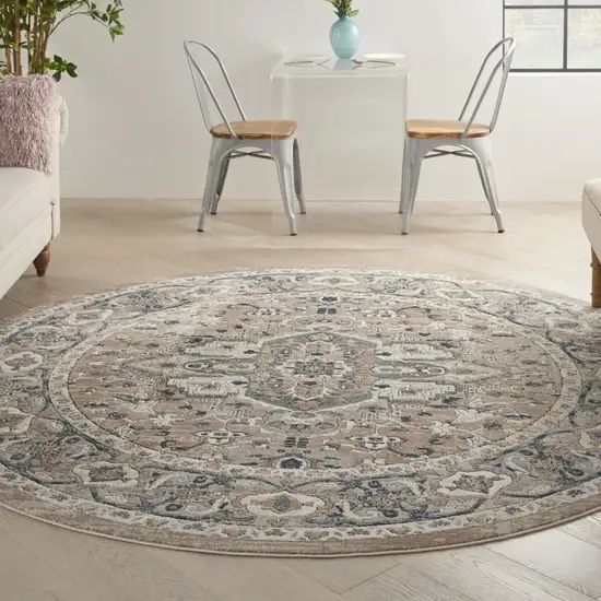 10' Beige and Gray Round Medallion Power Loom Distressed Area Rug Photo 4