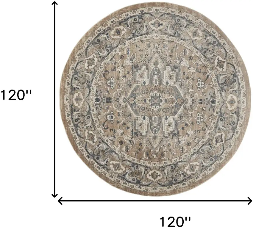 10' Beige and Gray Round Medallion Power Loom Distressed Area Rug Photo 3