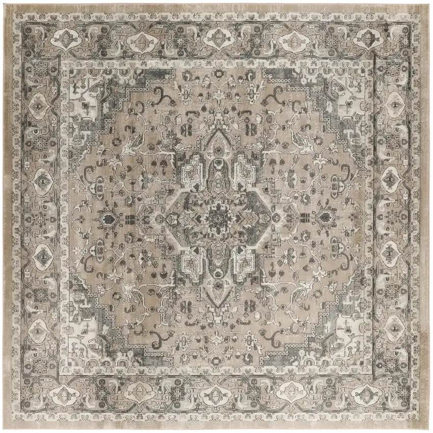 10' Beige and Gray Square Medallion Power Loom Distressed Area Rug Photo 2