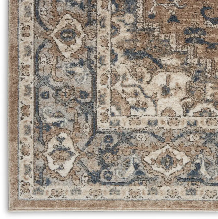 10' Beige and Gray Square Medallion Power Loom Distressed Area Rug Photo 8