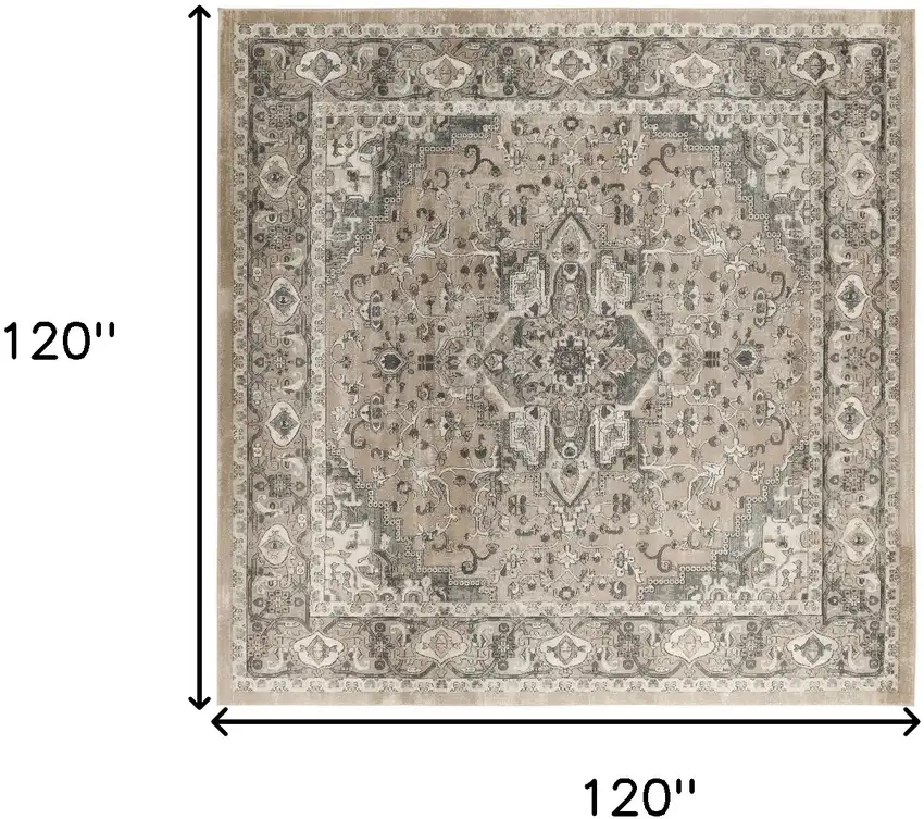 10' Beige and Gray Square Medallion Power Loom Distressed Area Rug Photo 3
