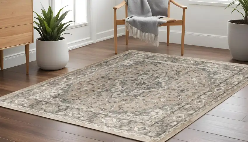 10' Beige and Gray Square Medallion Power Loom Distressed Area Rug Photo 1