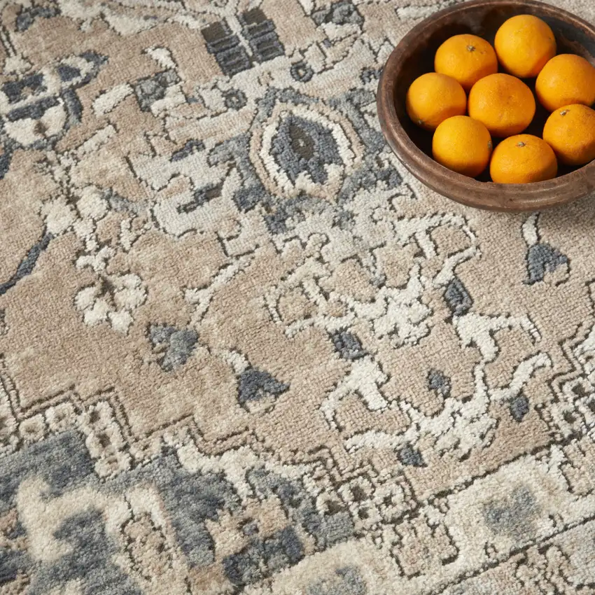 4' Beige and Gray Square Medallion Power Loom Distressed Area Rug Photo 9