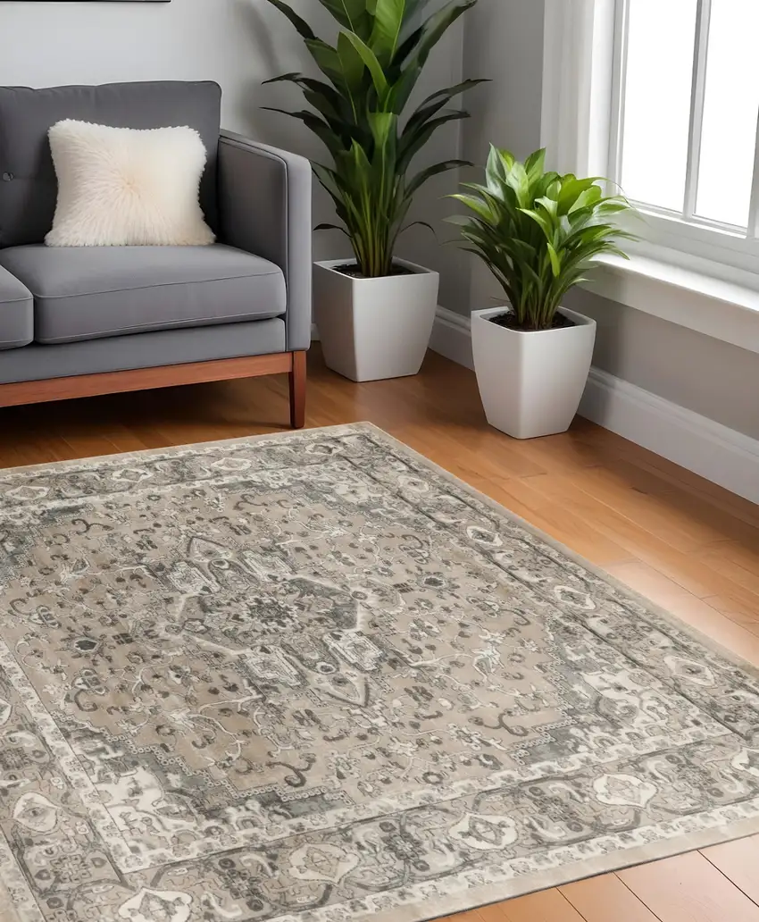 4' Beige and Gray Square Medallion Power Loom Distressed Area Rug Photo 1