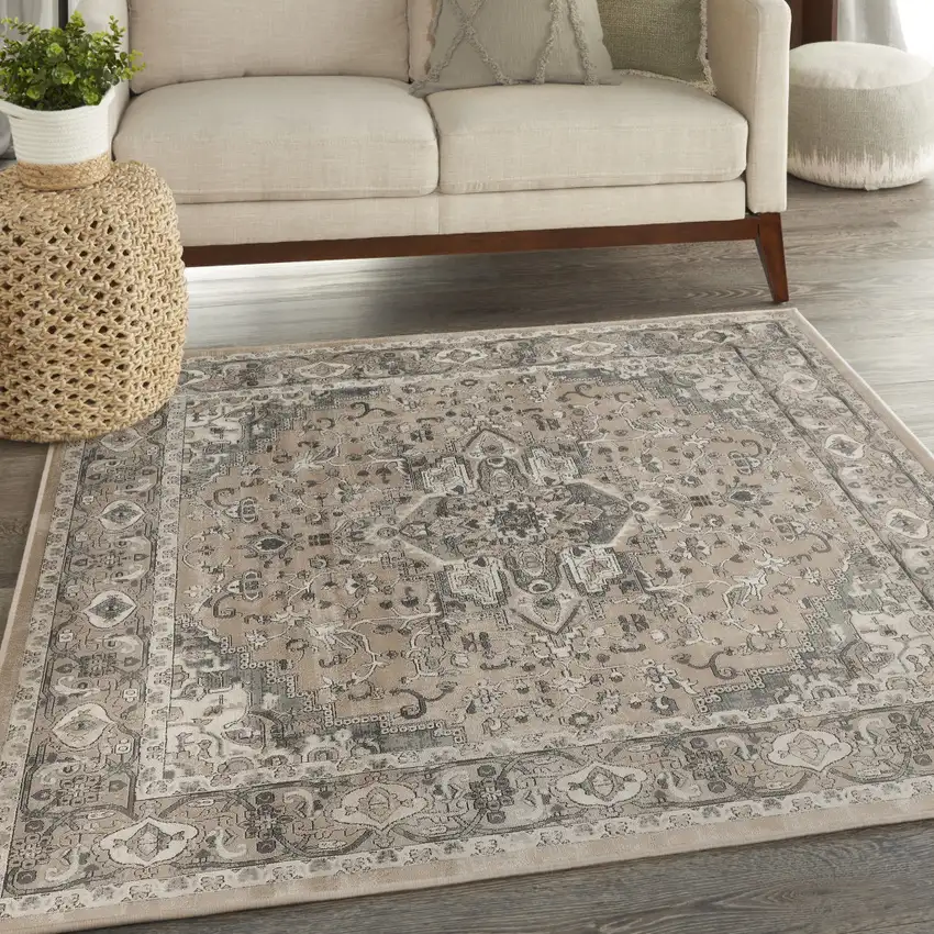 4' Beige and Gray Square Medallion Power Loom Distressed Area Rug Photo 5