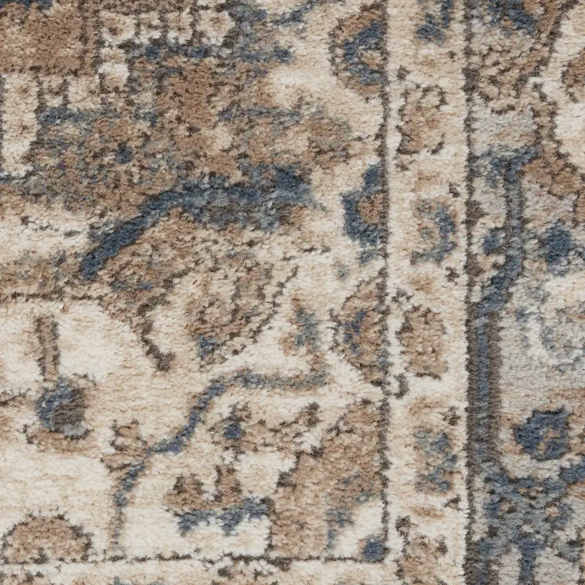 4' Beige and Gray Square Medallion Power Loom Distressed Area Rug Photo 3