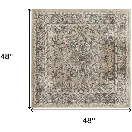 4' Beige and Gray Square Medallion Power Loom Distressed Area Rug Photo 3