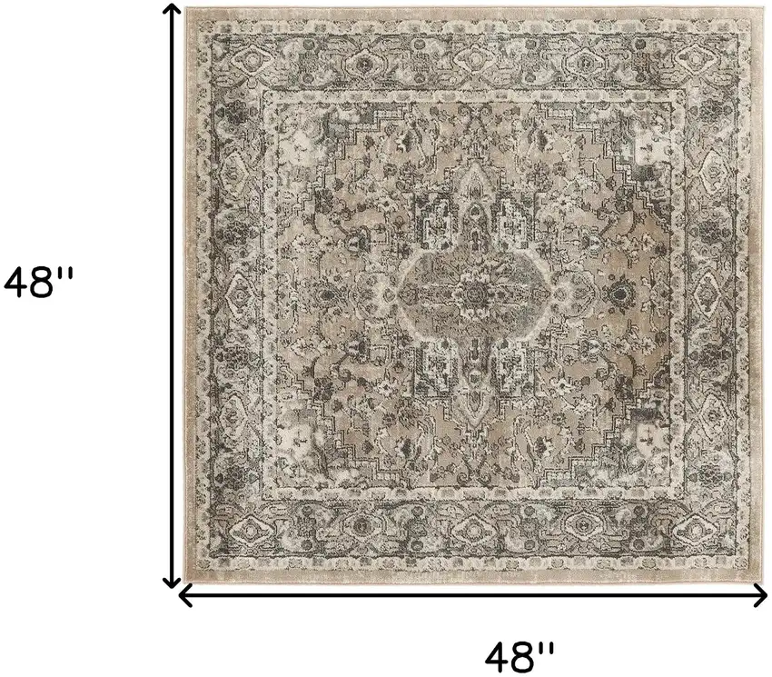 4' Beige and Gray Square Medallion Power Loom Distressed Area Rug Photo 3
