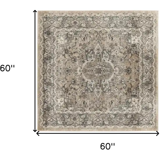 5' Beige and Gray Square Medallion Power Loom Distressed Area Rug Photo 3