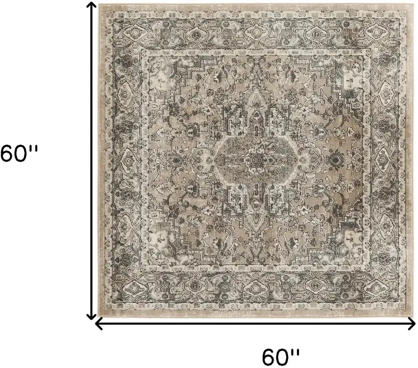 5' Beige and Gray Square Medallion Power Loom Distressed Area Rug Photo 3