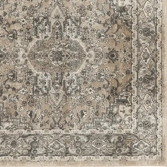 5' Beige and Gray Square Medallion Power Loom Distressed Area Rug Photo 6