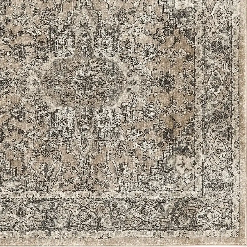 5' Beige and Gray Square Medallion Power Loom Distressed Area Rug Photo 6