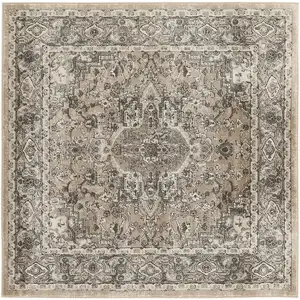 Photo of 5' Beige and Gray Square Medallion Power Loom Distressed Area Rug