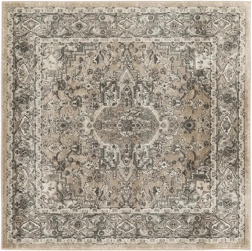 5' Beige and Gray Square Medallion Power Loom Distressed Area Rug Photo 2