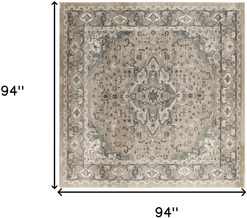 8' Beige and Gray Square Medallion Power Loom Distressed Area Rug Photo 3