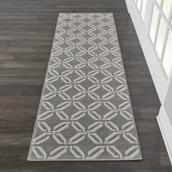 7' Beige and Gray Trellis Runner Rug Photo 3