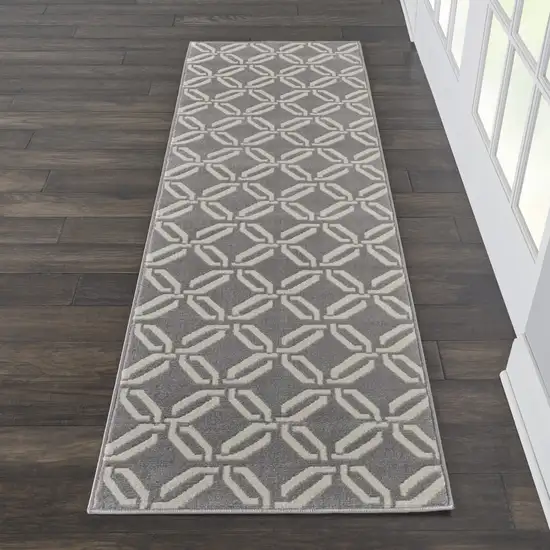 7' Beige and Gray Trellis Runner Rug Photo 9