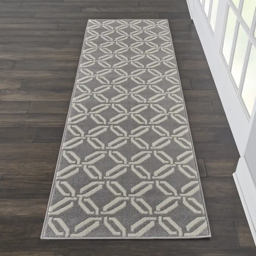 7' Beige and Gray Trellis Runner Rug Photo 9