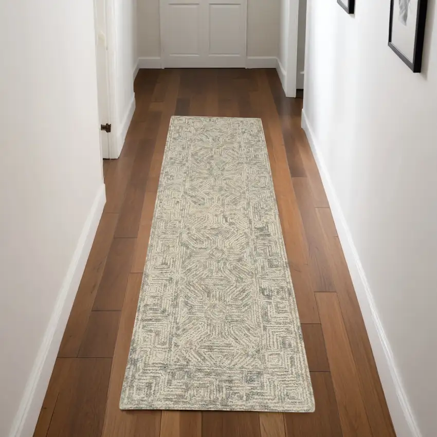 8' Beige and Gray Wool Abstract Geometric Runner Rug Photo 1