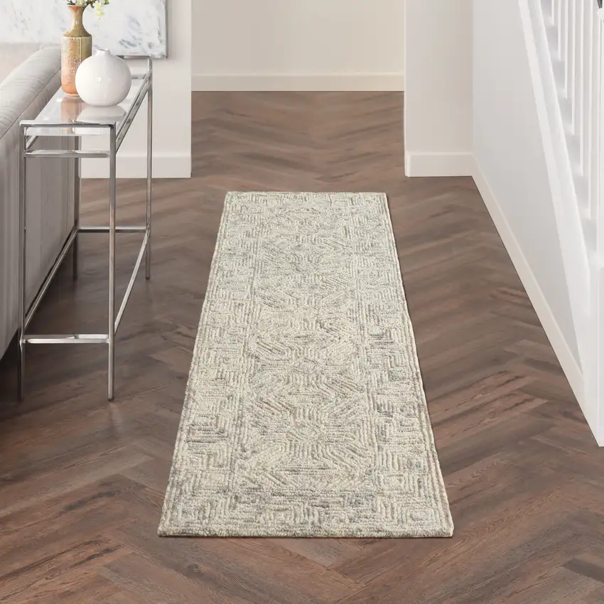 8' Beige and Gray Wool Abstract Geometric Runner Rug Photo 8