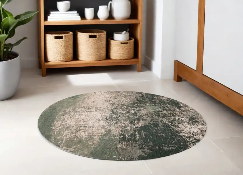 5' Beige and Green Round Abstract Non Skid Area Rug Photo 1