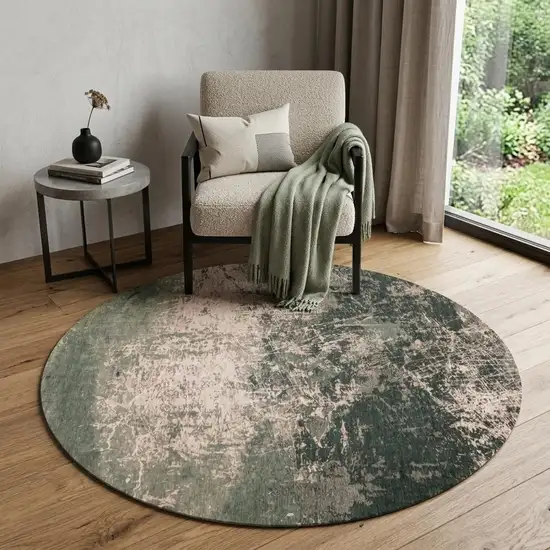 5' Beige and Green Round Abstract Non Skid Area Rug Photo 1