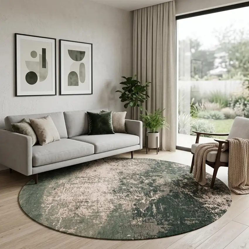 8' Beige and Green Round Abstract Non Skid Area Rug Photo 1