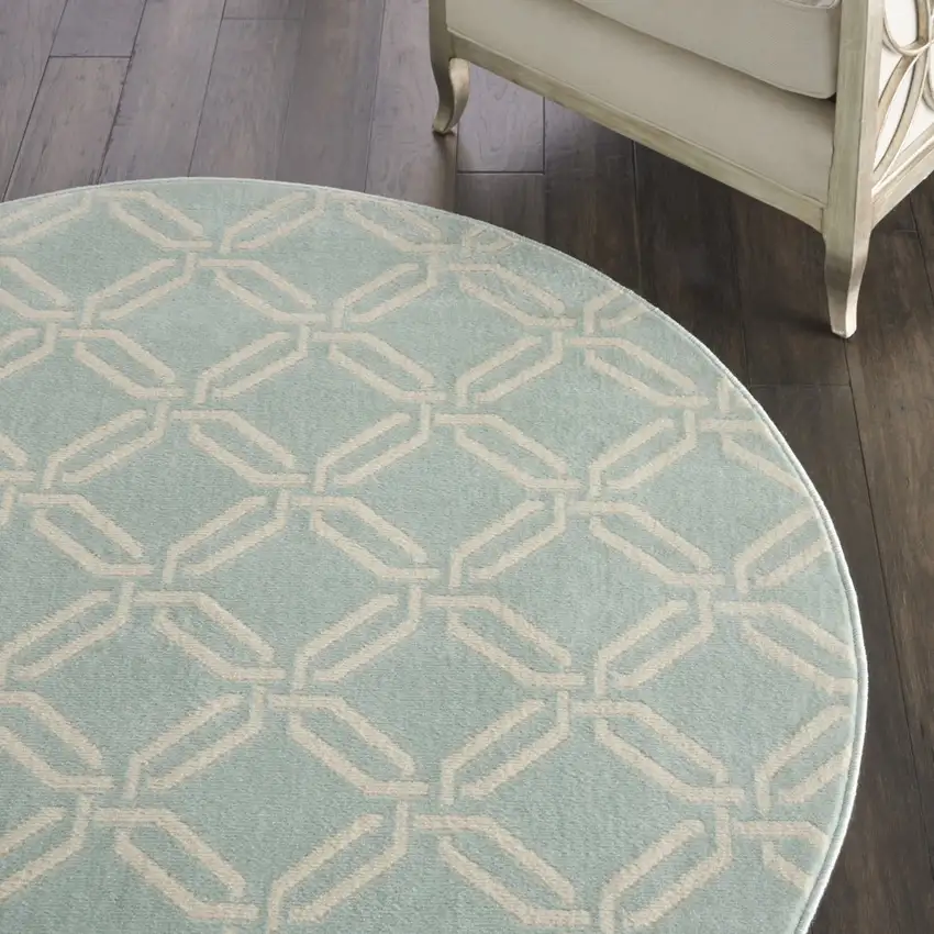 5' Beige and Green Trellis Round Rug Photo 6