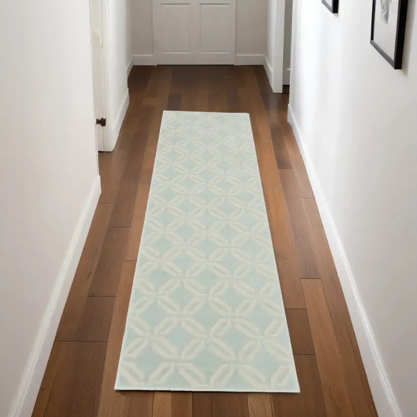 7' Beige and Green Trellis Runner Rug Photo 1