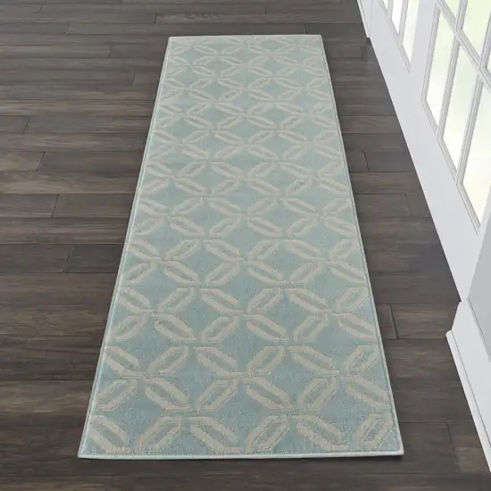 7' Beige and Green Trellis Runner Rug Photo 5