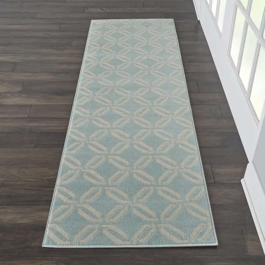 7' Beige and Green Trellis Runner Rug Photo 5