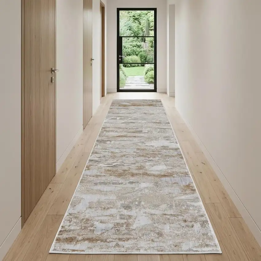 10' Ivory Gray And Tan Abstract Distressed Runner Rug Photo 1