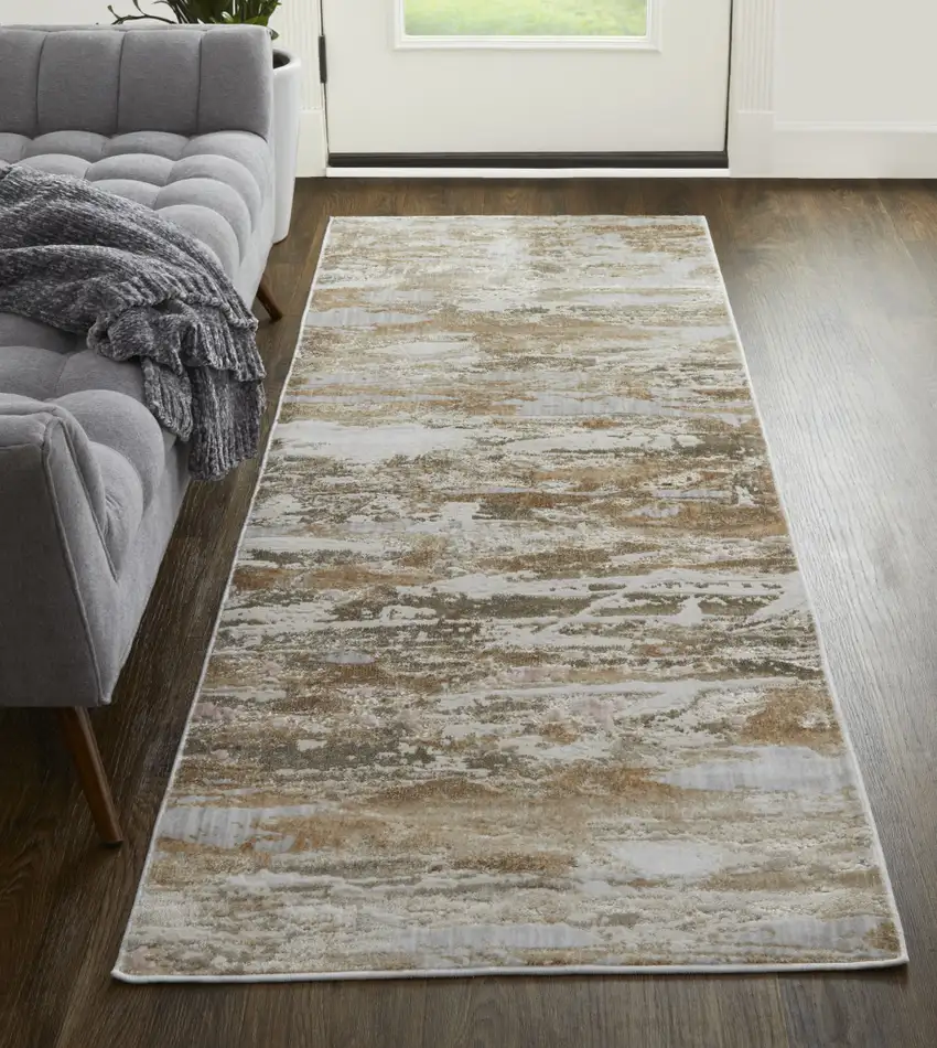10' Beige and Ivory Abstract Power Loom Distressed Runner Rug Photo 6